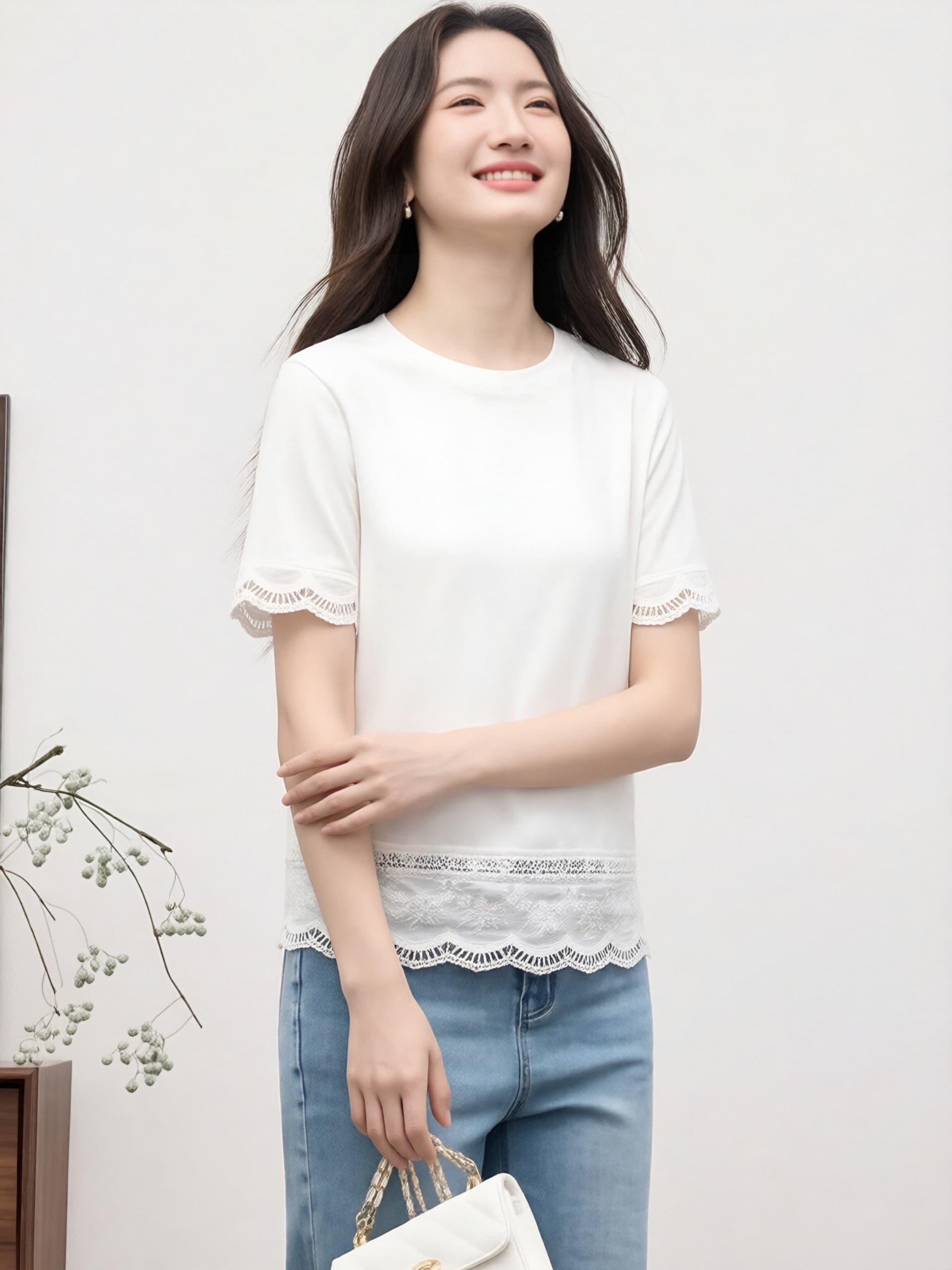 화이트 홀로우 아웃 레이스 조각 반팔 티셔츠 여성 여름 새로운 디자인 센스 부드러운 바람 품격 다용도 슬림해 보이는 맨위 상세 이미지 5