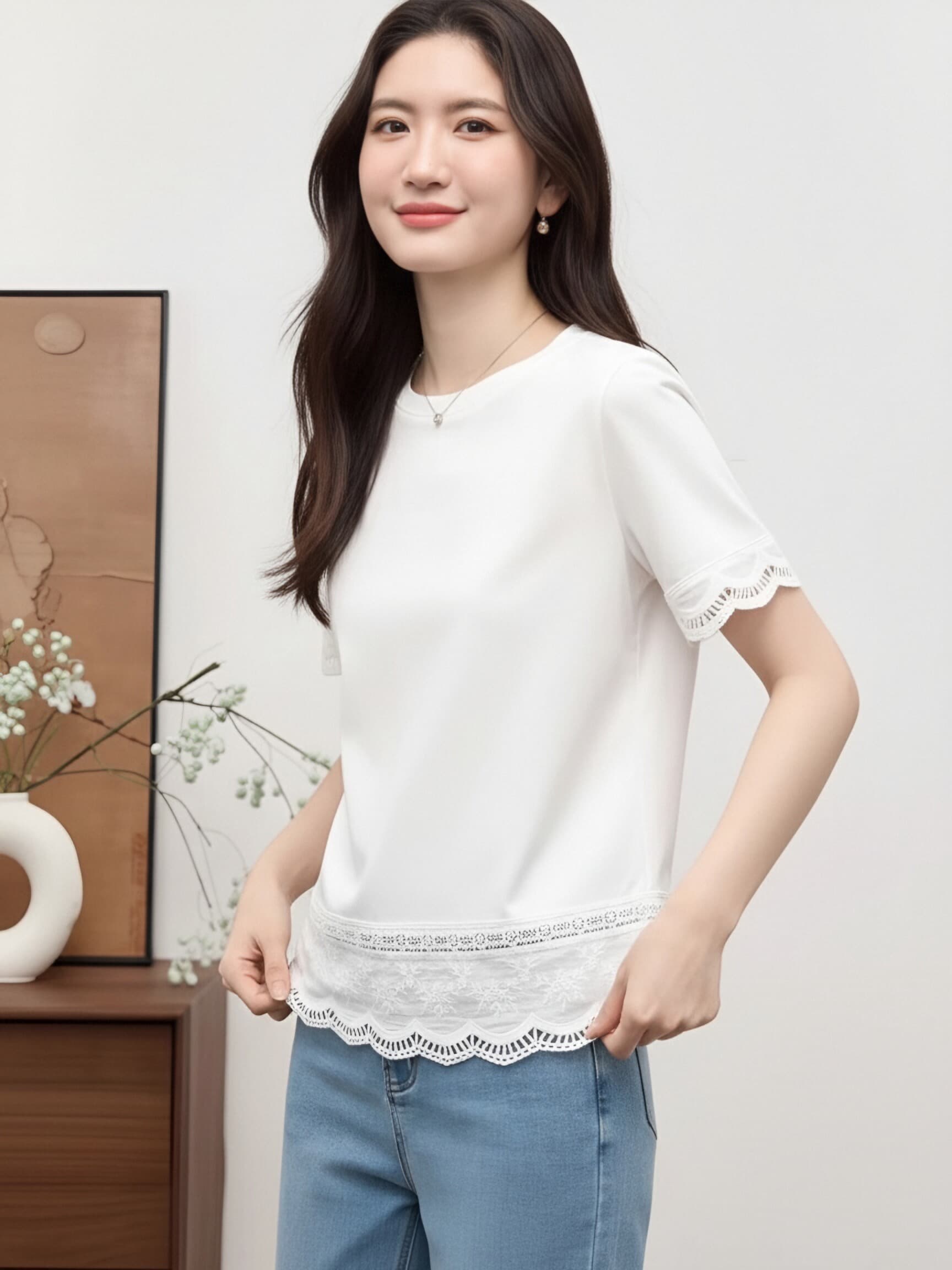 화이트 홀로우 아웃 레이스 조각 반팔 티셔츠 여성 여름 새로운 디자인 센스 부드러운 바람 품격 다용도 슬림해 보이는 맨위 상세 이미지 7