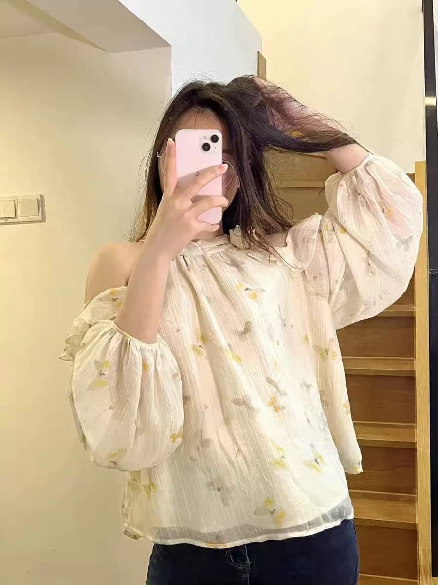 프랑스식 달콤함 행침 목 셔츠 2025 새로운 여성 얇은 스타일 오프숄더 프릴 긴팔 쉬폰 작은 셔츠 품격 맨위 상세 이미지 1