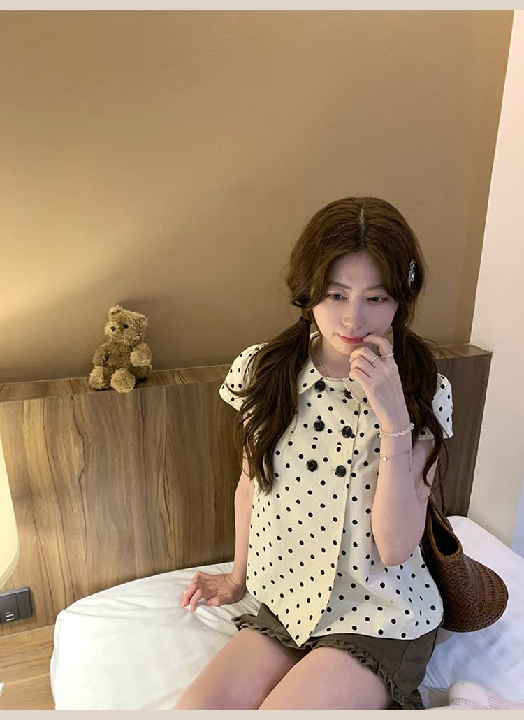 디자인 센스 도트 무늬 베이비 칼라 반팔 여성 셔츠 여름 작은 키 이중 버튼 디자인 센스 맨위 다용도 상세 이미지 12