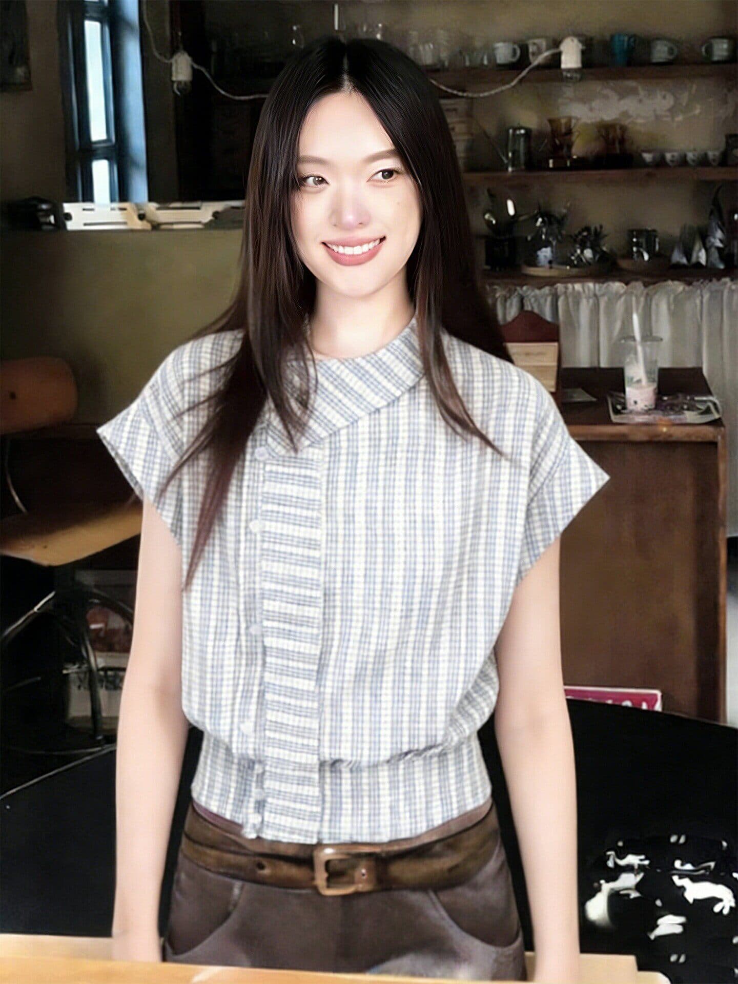 원본 레이스 자카드 원단 자이언트 잘 생긴 ~ 중 격자 무늬 셔츠 여름 리본 셔츠 작은 날다 소매 맨위 상세 이미지 4