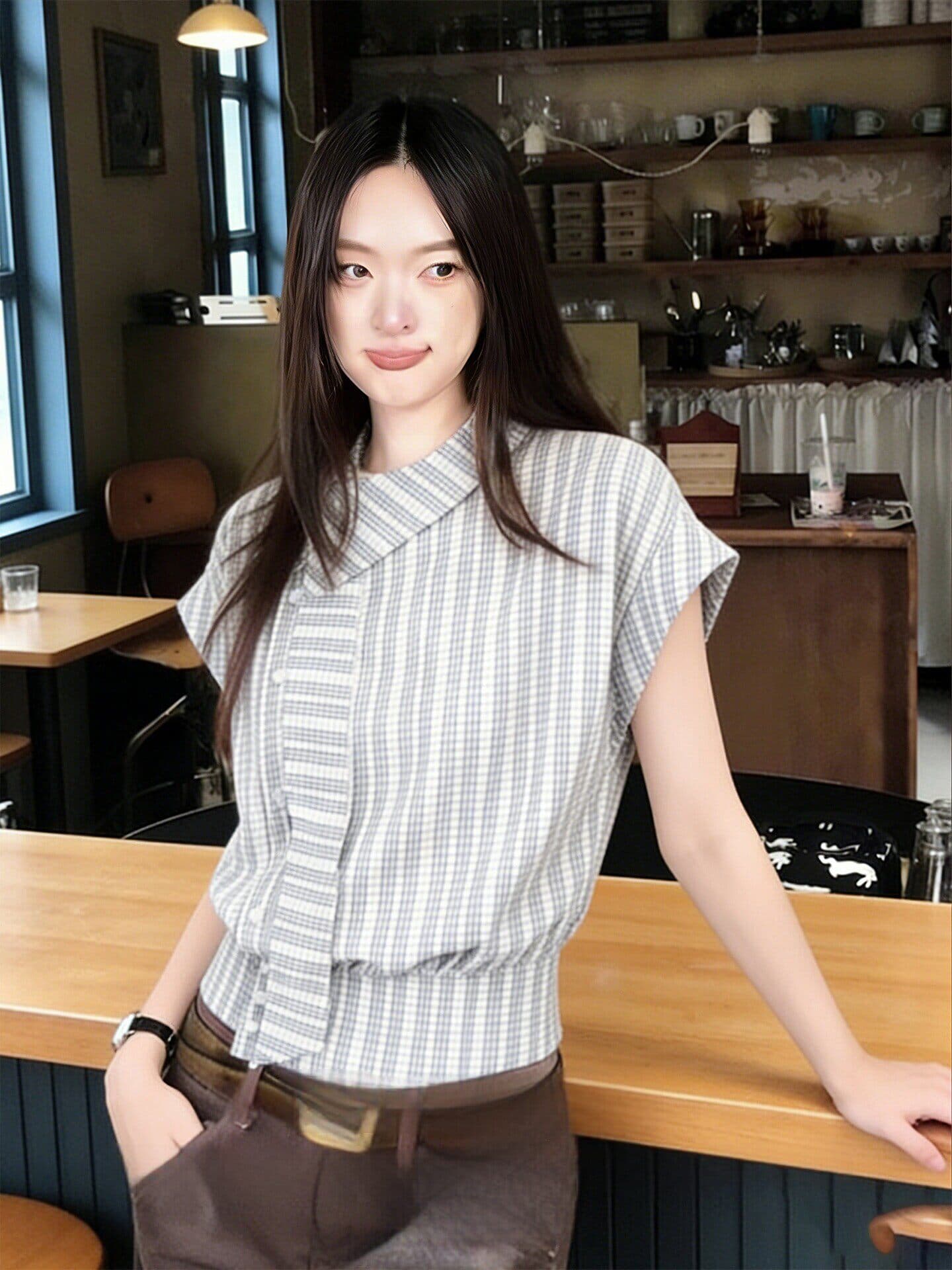 원본 레이스 자카드 원단 자이언트 잘 생긴 ~ 중 격자 무늬 셔츠 여름 리본 셔츠 작은 날다 소매 맨위 상세 이미지 6