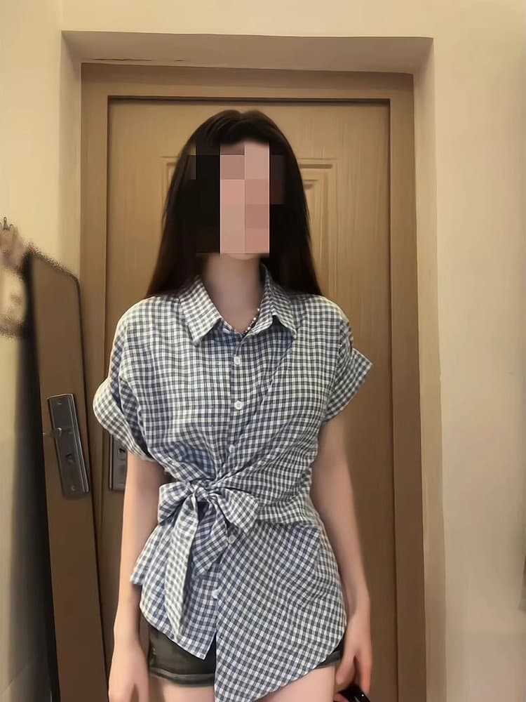 체크무늬 나비 매듭 스트랩 POLO 칼라 반팔 여성 셔츠 여름 작은 키 몸매 가꾸기 고급 캐주얼 맨위 상세 이미지 2