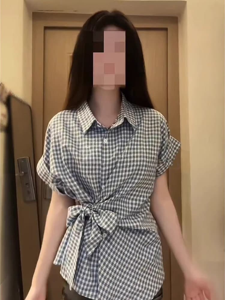 체크무늬 나비 매듭 스트랩 POLO 칼라 반팔 여성 셔츠 여름 작은 키 몸매 가꾸기 고급 캐주얼 맨위 상세 이미지 5