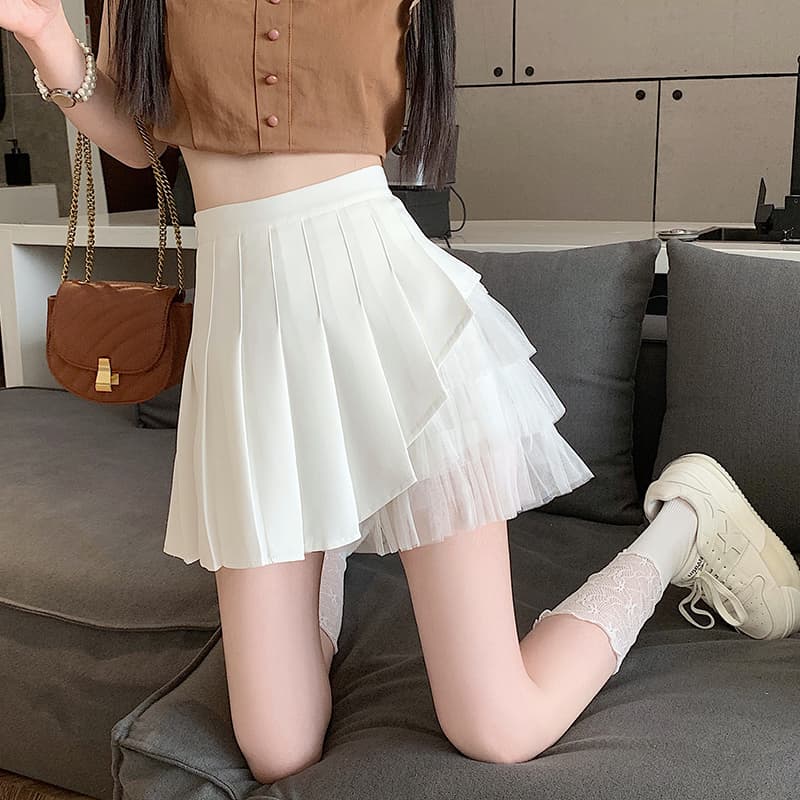높은 품질 원단 망사 플리츠 스커트 여성 여름 작은 대중 작은 키 미니 스커트 하이웨이스트 슬림해 보이는 한 마디 반신 스커트 이미지 5