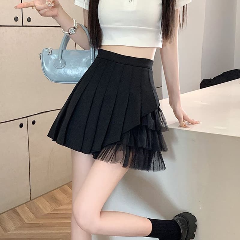 높은 품질 원단 망사 플리츠 스커트 여성 여름 작은 대중 작은 키 미니 스커트 하이웨이스트 슬림해 보이는 한 마디 반신 스커트 이미지 3