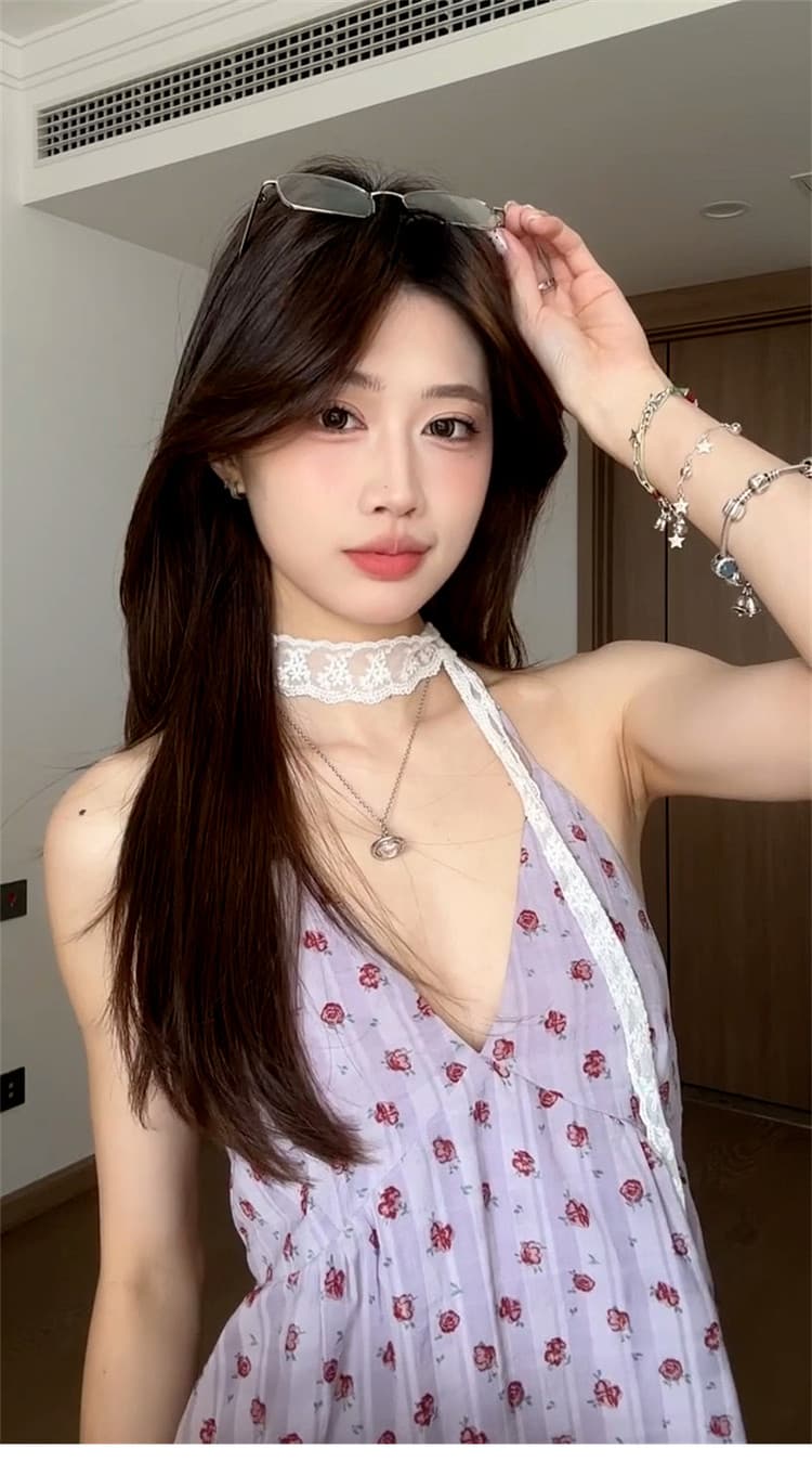 원본 원단 네리 보라색 행침 목 백리스 슬립 꽃무늬 중간 길이 맨위 여름 해변가 휴가 상세 이미지 31
