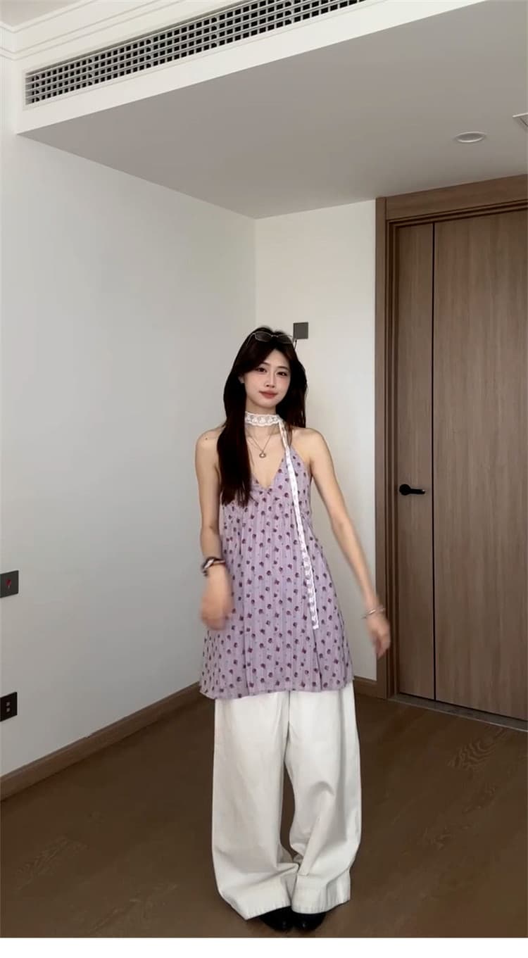 원본 원단 네리 보라색 행침 목 백리스 슬립 꽃무늬 중간 길이 맨위 여름 해변가 휴가 상세 이미지 32