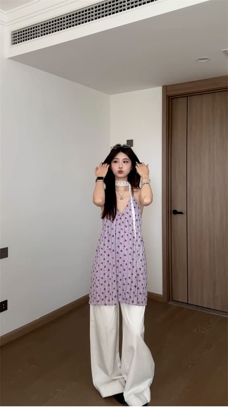 원본 원단 네리 보라색 행침 목 백리스 슬립 꽃무늬 중간 길이 맨위 여름 해변가 휴가 상세 이미지 37