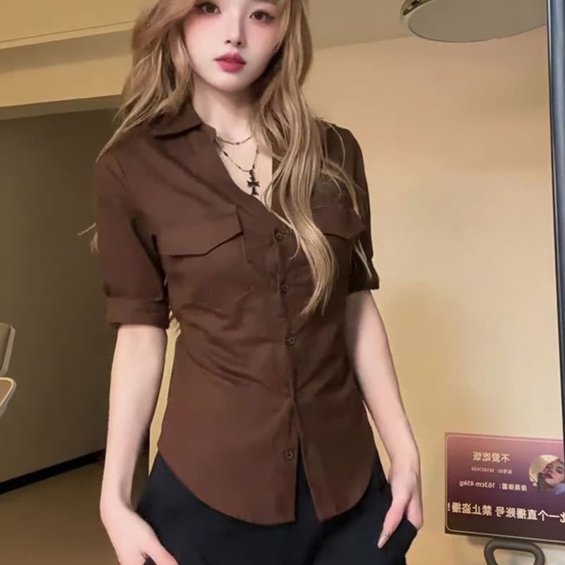 원본 품질 핫걸 POLO 칼라 중간 소매 여성 셔츠 가을 몸매 가꾸기 디자인 센스 품격 허리 수축 맨위 상세 이미지 4