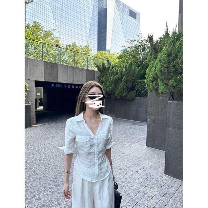 원본 품질 핫걸 POLO 칼라 중간 소매 여성 셔츠 가을 몸매 가꾸기 디자인 센스 품격 허리 수축 맨위 상세 이미지 13