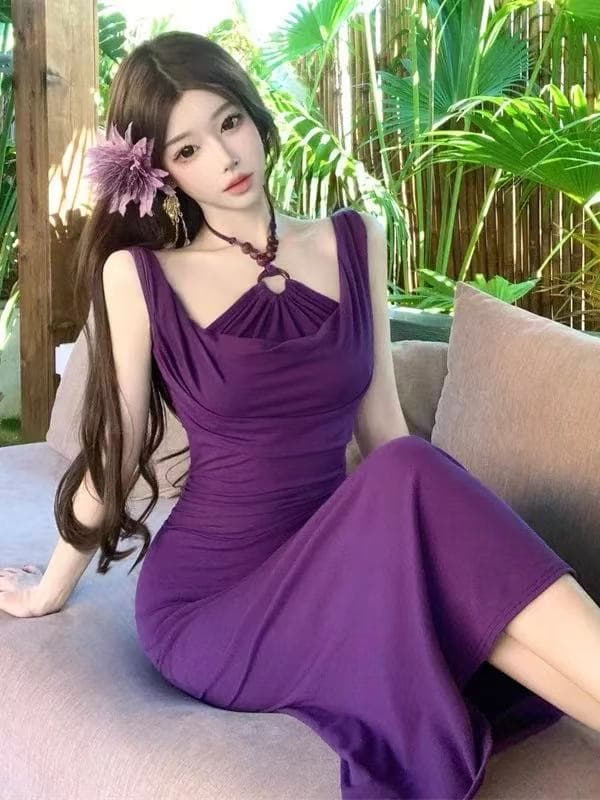 휴가 보라색 드레스 여름 핫걸 섹시함 슬립 치마 로얄 자매 바람 작은 엄마 타이트 스커트 롱 스커트 상세 이미지 2