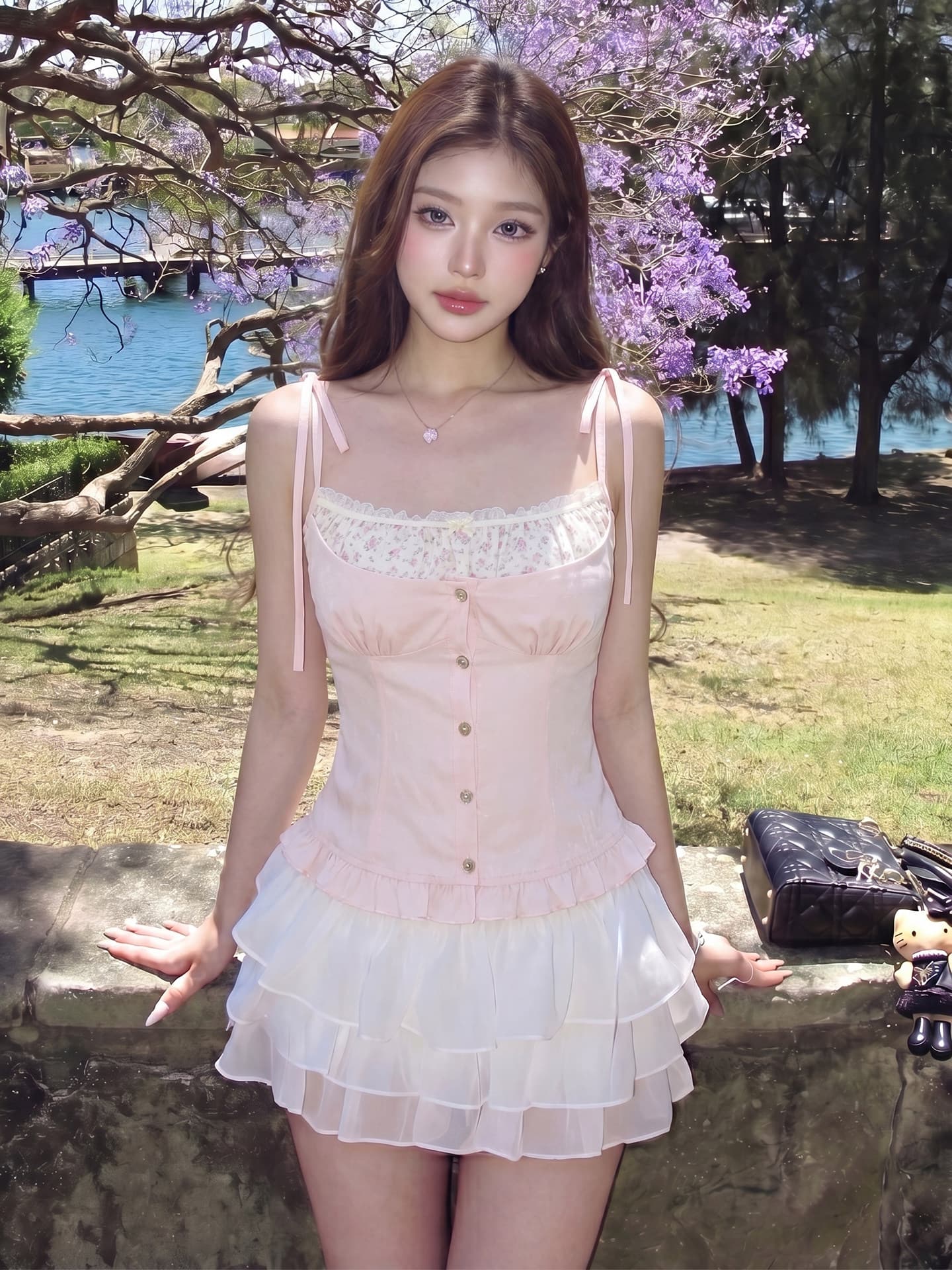 모방 주간 실크 원단 레이스 레이스 프랑스식 달콤한 스타일 레이스 레이스 캐미솔 페이크 레이어드 맨위 상세 이미지 4