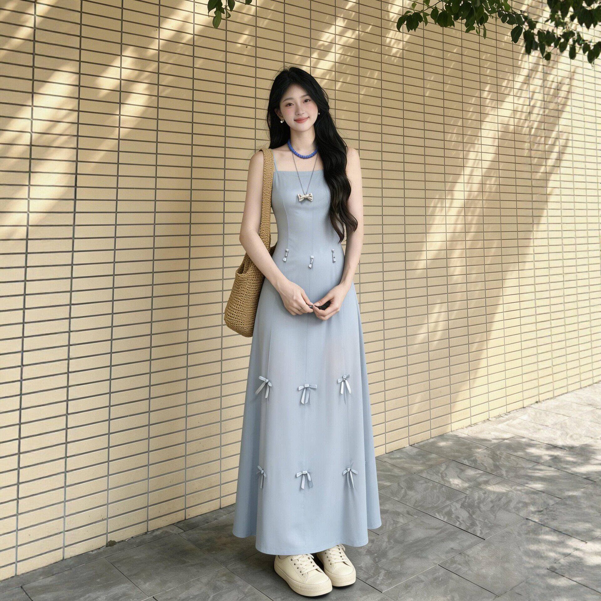 프랑스식 하나 치마 세 착용 품격 파란색 슬립 드레스 여름 해변가 휴가 고유 한 아름다운 허리 수축 한 마디 롱 스커트 상세 이미지 7