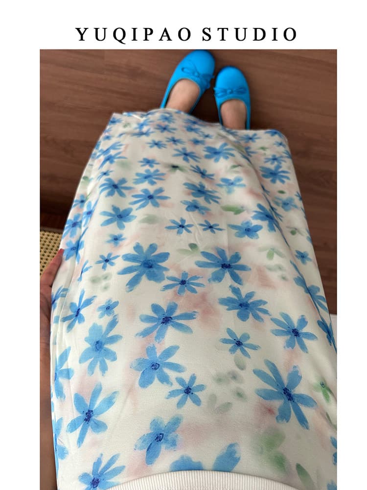 빅 사이즈 지방 mm 파란색 꽃무늬 쉬폰 반신 스커트 여성 여름 해변가 휴가 바람 하이웨이스트 망사 a 단어 길이 치마 상세 이미지 9