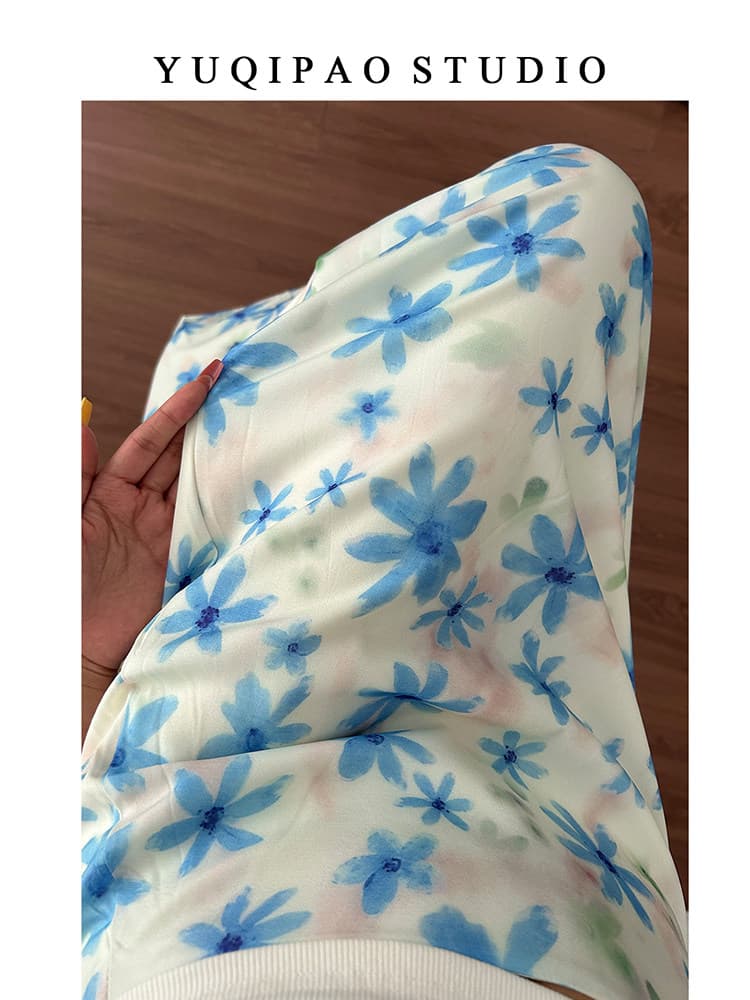 빅 사이즈 지방 mm 파란색 꽃무늬 쉬폰 반신 스커트 여성 여름 해변가 휴가 바람 하이웨이스트 망사 a 단어 길이 치마 상세 이미지 11
