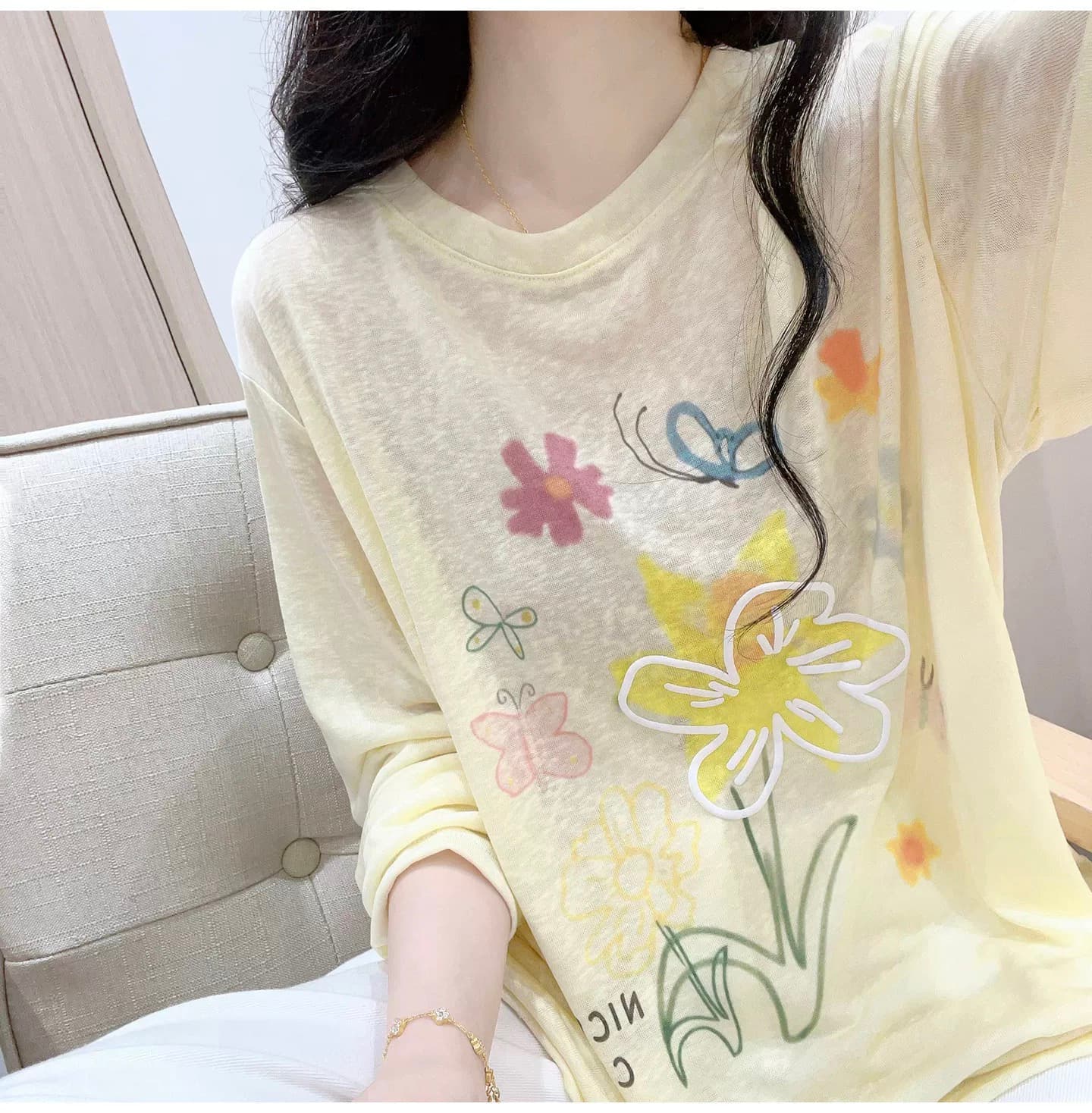 한 부서 화이트 얇고 가벼운 긴팔 티셔츠 자외선 차단 블라우스 여성 여름 주간 실크 루즈핏 외부 가져 가라. 에어컨 셔츠 마이크로 ~을 통해 의류 상세 이미지 7