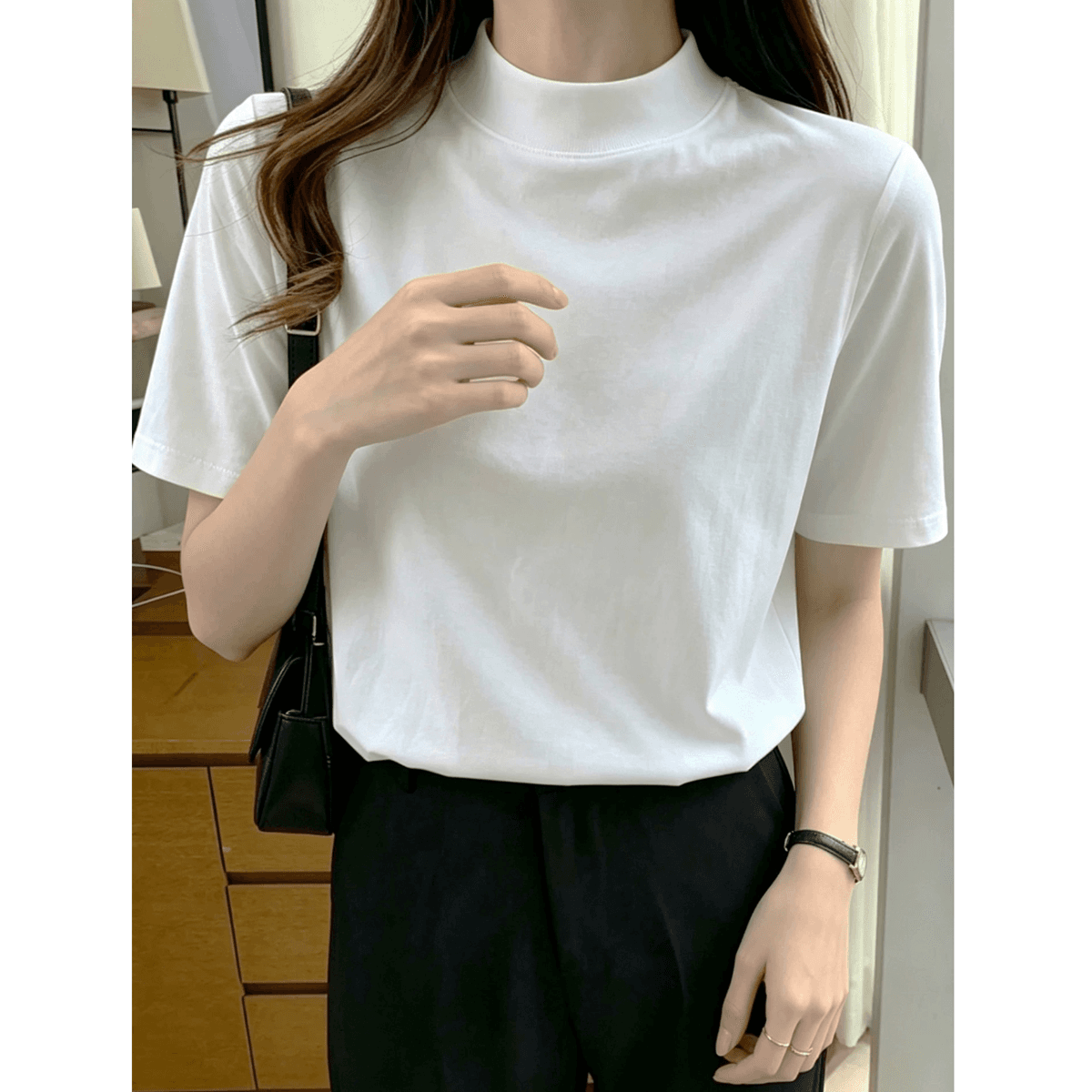 고급 센스 화이트 반하이넥 반팔 긍정적 인 어깨 티셔츠 여성 여름 순면 단색 반소매 기본 셔츠 기초 섹션 맨위 상세 이미지 5