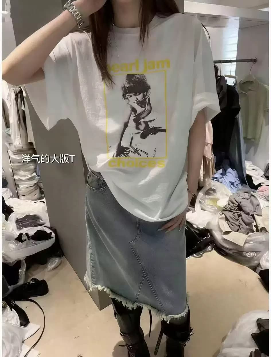 경관 그림 21 순면 210 그램 이후 패키지 칼라 여름 드레스 한 부서 반팔 티셔츠 여성 한국 스타일 루즈핏 빅 사이즈 프린트 상세 이미지 2