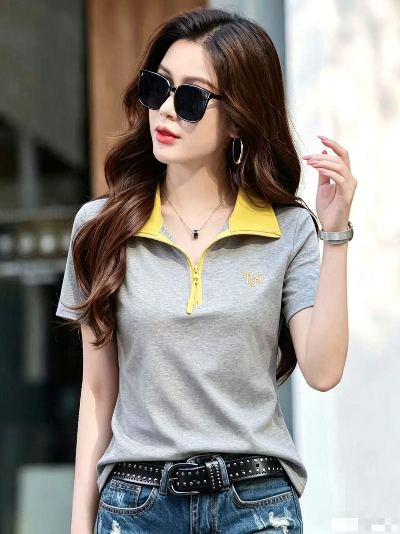 40 92 면 스탠드 칼라 POLO 셔츠 반팔 여성 여름 새로운 작은 키 루즈핏 슬림해 보이는 패션 캐주얼 다용도 이미지 4