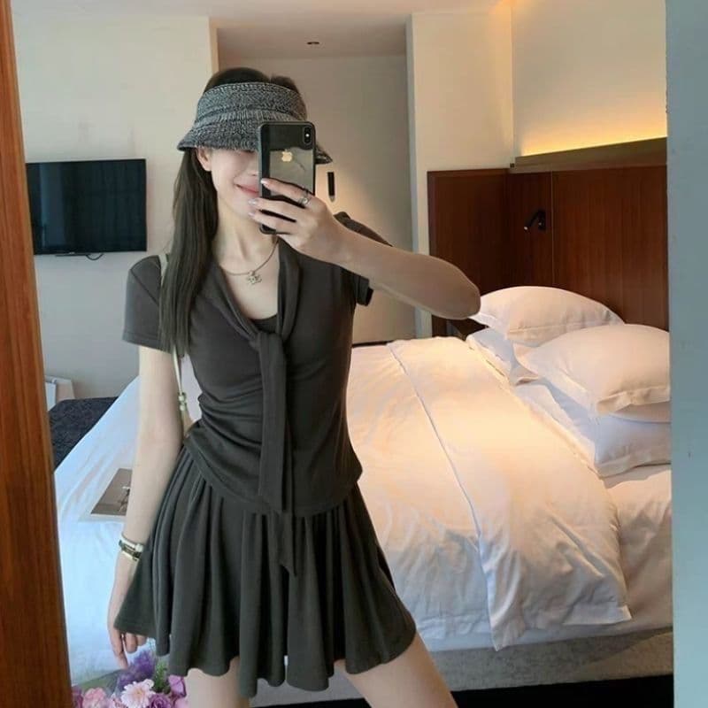 사람들 면 260 그램 패션 세트 미니 스커트 캐주얼 패션 여름 하이웨이스트 맨위 허리 수축 품격 운동 불규칙 이미지 5