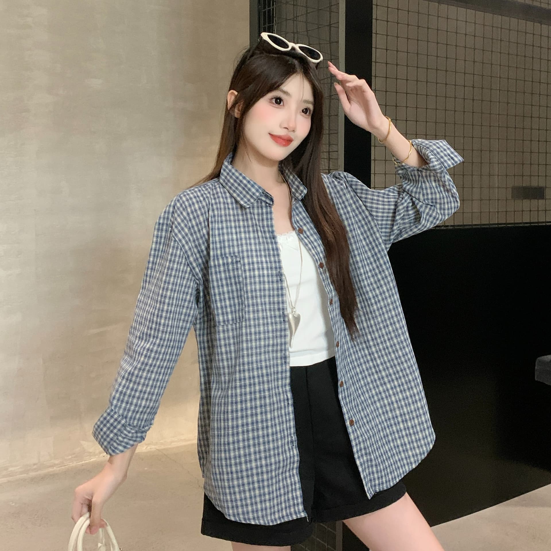 실사 작은 대중 한 부서 체크무늬 여성 셔츠 이른 가을 다용도 루즈핏 느긋한 바람 맨위 외부 가져 가라. 체크무늬 셔츠 재킷 이미지 3