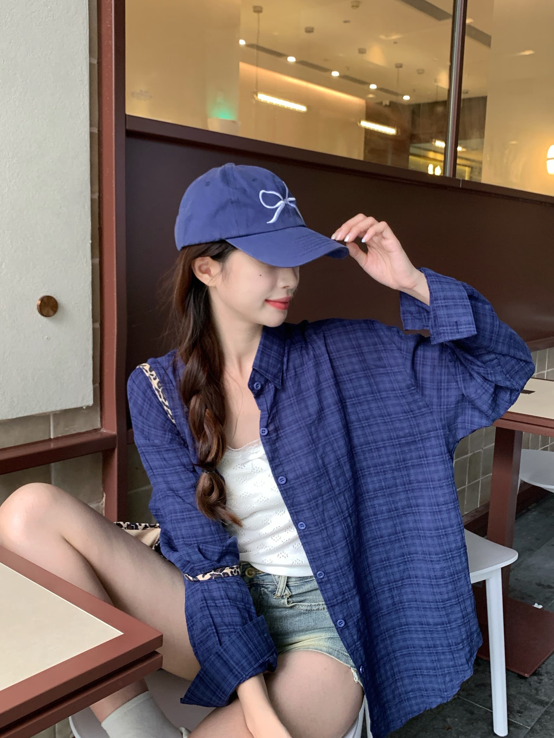 실사 일본식 품격 레트로 진한 파란색 순면 체크무늬 여성 셔츠 이른 가을 2025 서리가 내린 부서 고급 센스 맨위 이미지 2