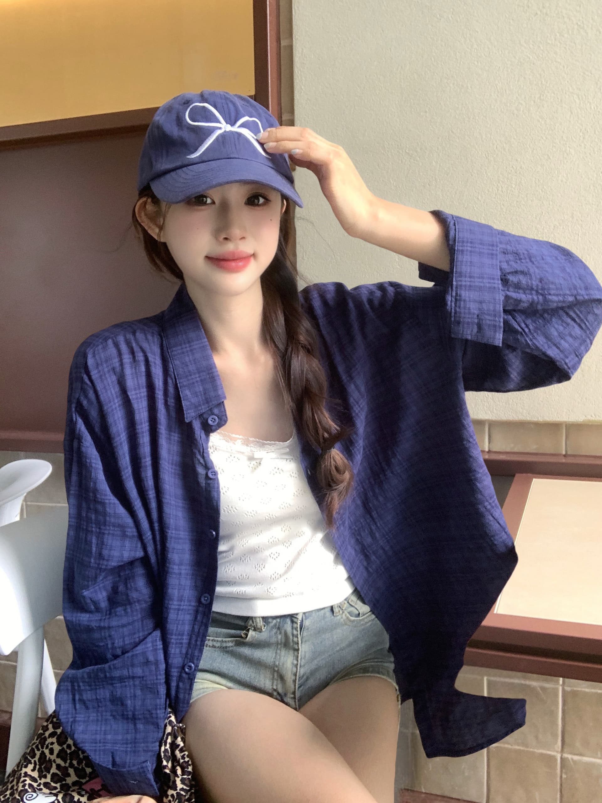 실사 일본식 품격 레트로 진한 파란색 순면 체크무늬 여성 셔츠 이른 가을 2025 서리가 내린 부서 고급 센스 맨위 상세 이미지 11