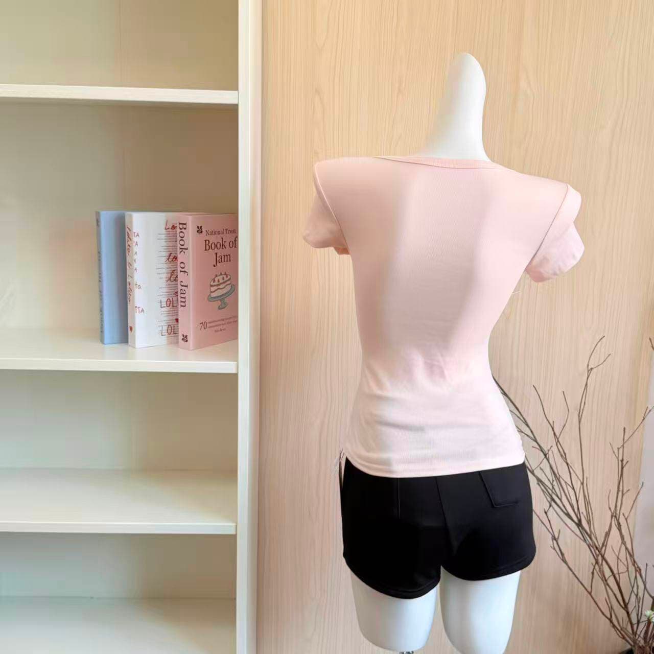 210 그램 좋은 면 핑크색 레이스 나비 매듭 반팔 티셔츠 여성 여름 새로운 순수한 욕망 핫걸 홀로우 아웃 맨위 고유 한 상세 이미지 11