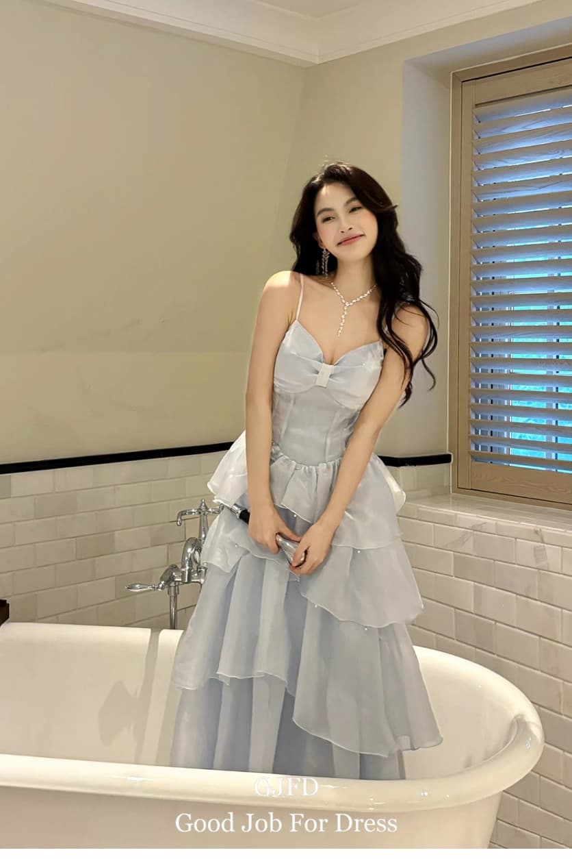 프랑스식 사소한 파란색 슬립 몸매 가꾸기 드레스 생일 예복 나비 매듭 디자인 작은 대중 우아함 여러 단계 치마 상세 이미지 16
