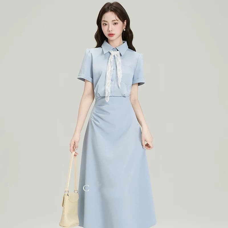 프랑스식 POLO 칼라 꼬집기 허리 슬림해 보이는 드레스 여름 새로운 교 자본금 면접 출퇴근 품격 셔츠 드레스 이미지 4