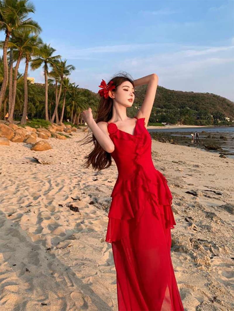 프랑스식 아름다운 불규칙 프릴 빨간색 슬립 여성 드레스 여름 해변가 휴가 분위기 센스 품격 롱 스커트 이미지 3
