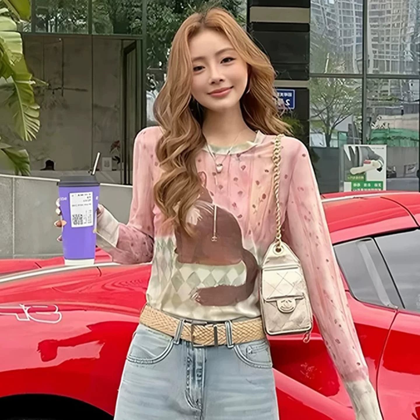 빅 사이즈 지방 mm 새끼 고양이 꽃무늬 이중층 망사 긴팔 티셔츠 여성 여름 새로운 슬림해 보이는 귀여운 기본 셔츠 맨위 이미지 5