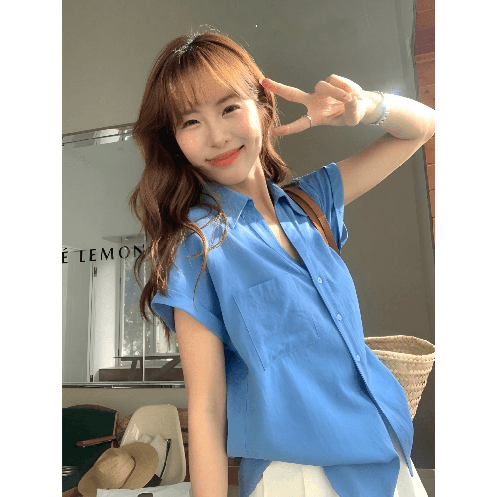 한 부서 파란색 고급 센스 작은 날다 소매 POLO 칼라 반팔 여성 셔츠 여름 루즈핏 고유 한 품격 폴로 칼라 맨위