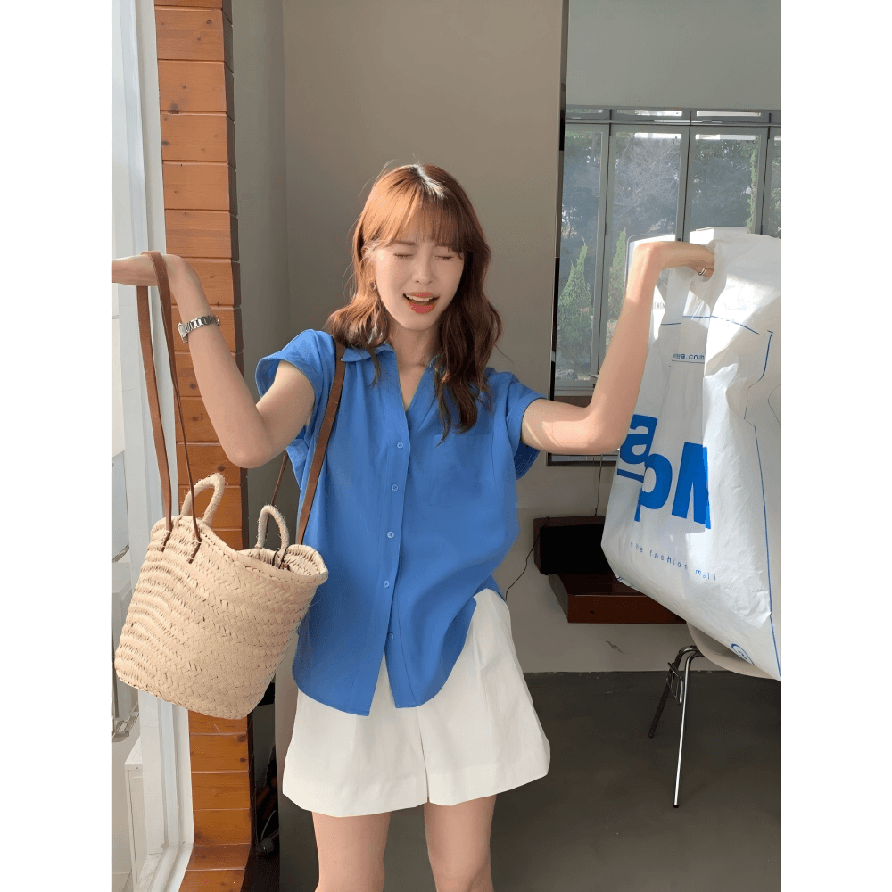 한 부서 파란색 고급 센스 작은 날다 소매 POLO 칼라 반팔 여성 셔츠 여름 루즈핏 고유 한 품격 폴로 칼라 맨위 이미지 4