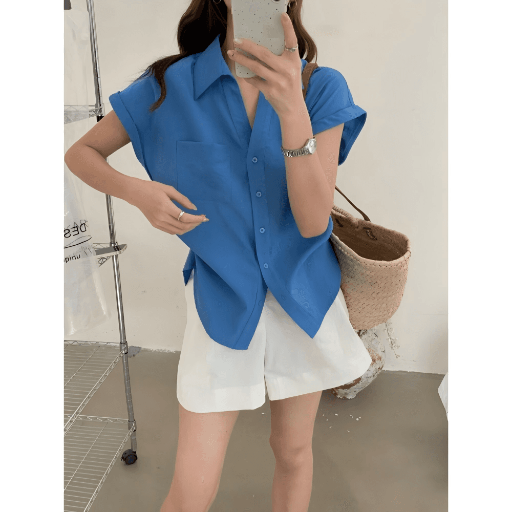 한 부서 파란색 고급 센스 작은 날다 소매 POLO 칼라 반팔 여성 셔츠 여름 루즈핏 고유 한 품격 폴로 칼라 맨위 이미지 3