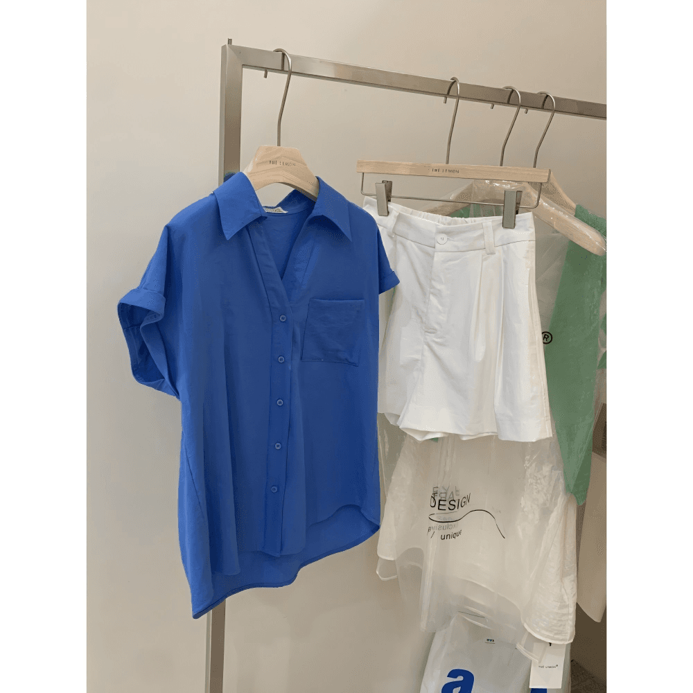 한 부서 파란색 고급 센스 작은 날다 소매 POLO 칼라 반팔 여성 셔츠 여름 루즈핏 고유 한 품격 폴로 칼라 맨위 상세 이미지 6