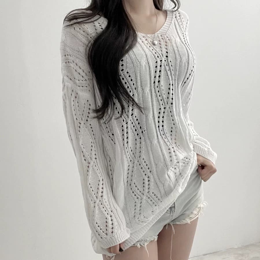 화이트 홀로우 아웃 펌프 로프 스트랩 V넥 자외선 차단 니트 스웨터 여성 여름 이른 가을 얼음 실크 얇은 스타일 에어컨 블라우스 맨위