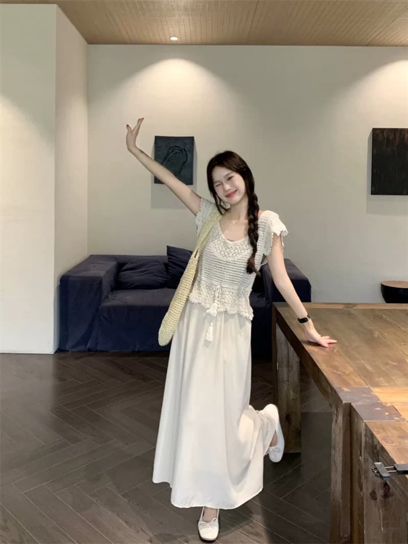 한 부서 홀로우 아웃 자수 반팔 니트 스웨터 여성 의류 여름 디자인 센스 작은 대중 스택 착용 레이스업 술 블라우스 맨위 이미지 2