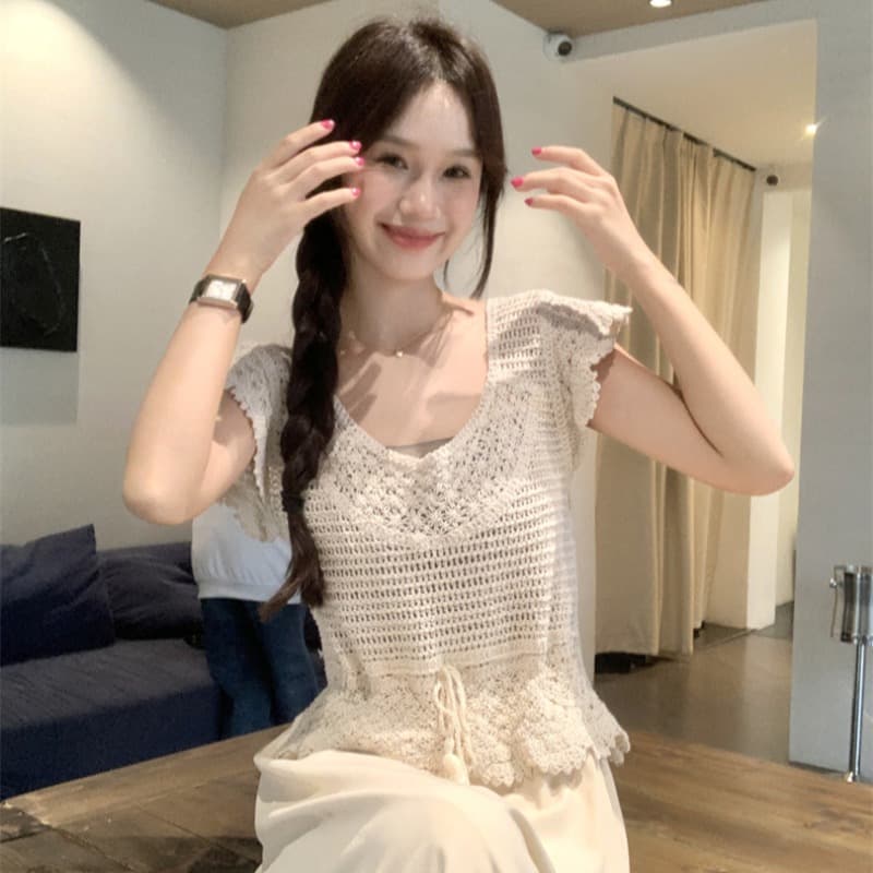 한 부서 홀로우 아웃 자수 반팔 니트 스웨터 여성 의류 여름 디자인 센스 작은 대중 스택 착용 레이스업 술 블라우스 맨위 이미지 5