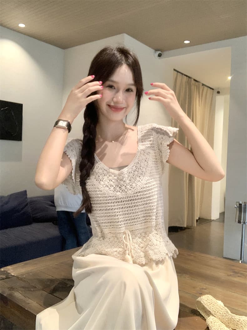 한 부서 홀로우 아웃 자수 반팔 니트 스웨터 여성 의류 여름 디자인 센스 작은 대중 스택 착용 레이스업 술 블라우스 맨위 상세 이미지 3