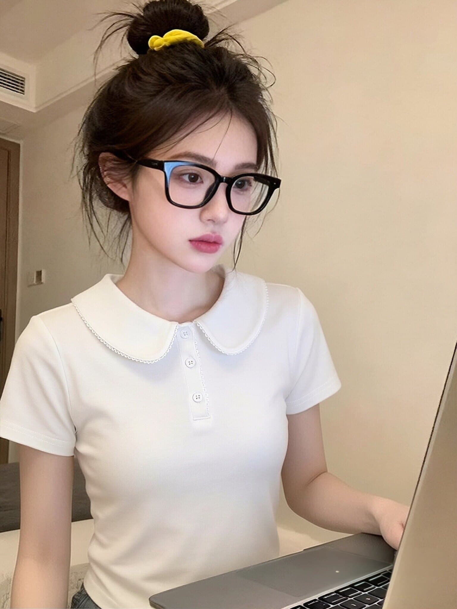 경관 그림 1 1 리브 220 그램 반팔 티셔츠 여성 의류 여름 새로운 단색 몸매 가꾸기 슬림해 보이는 베이비 칼라 맨위 상세 이미지 2