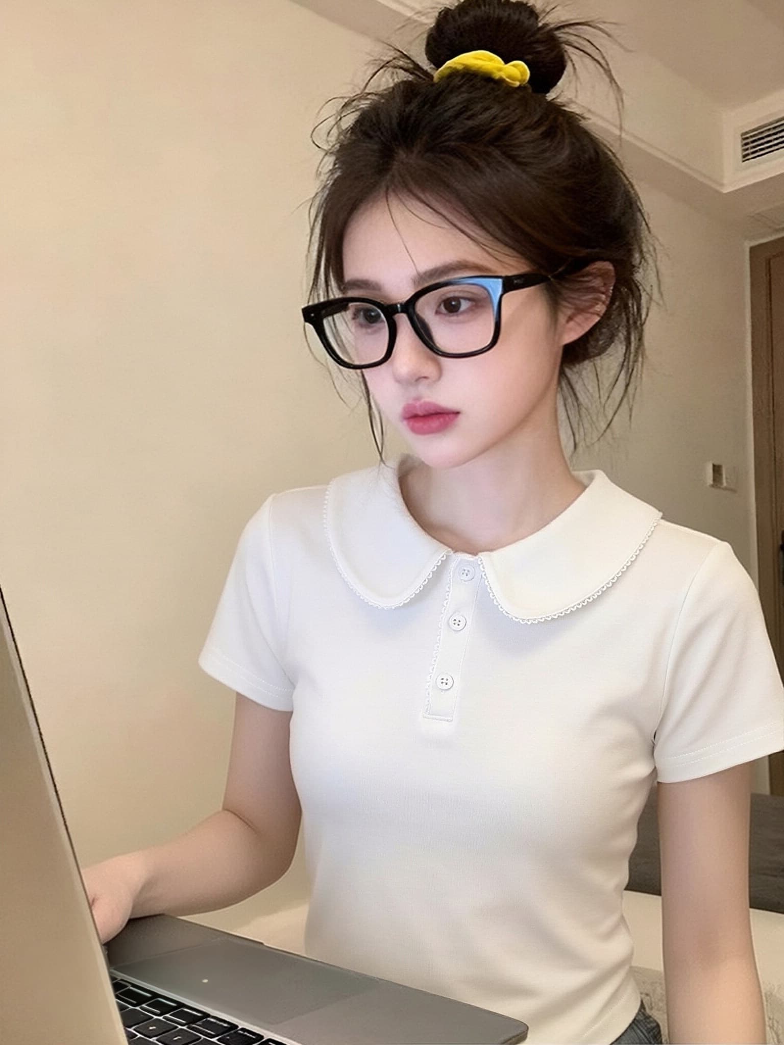 경관 그림 1 1 리브 220 그램 반팔 티셔츠 여성 의류 여름 새로운 단색 몸매 가꾸기 슬림해 보이는 베이비 칼라 맨위 상세 이미지 5