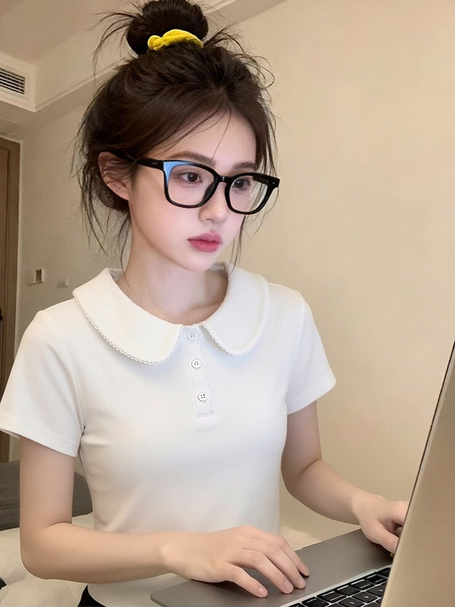 경관 그림 1 1 리브 220 그램 반팔 티셔츠 여성 의류 여름 새로운 단색 몸매 가꾸기 슬림해 보이는 베이비 칼라 맨위 상세 이미지 8