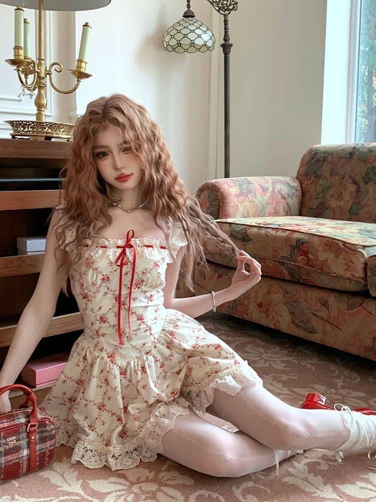 남쪽 Rational 향기로운 풍부한 레이즈 장미 살구 색상 전원 바람 작은 꽃무늬 프랑스식 레이스 슬립 드레스 봄 여름 상세 이미지 6