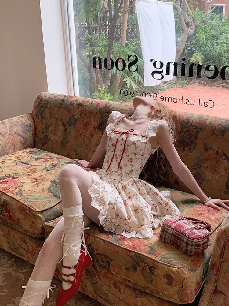 남쪽 Rational 향기로운 풍부한 레이즈 장미 살구 색상 전원 바람 작은 꽃무늬 프랑스식 레이스 슬립 드레스 봄 여름 상세 이미지 11