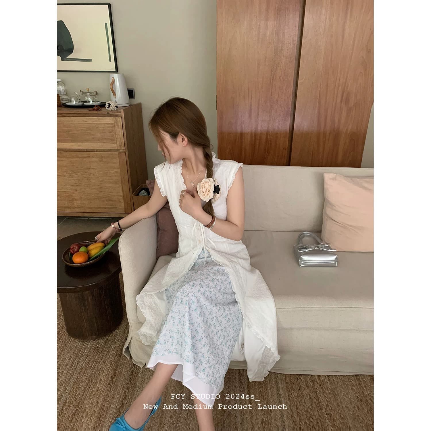 우유 부서 예술 건강 스택 착용 꽃무늬 드레스 2026 새로운 여성 여름 민소매 조끼 레이스 드레스 투피스 세트 이미지 3