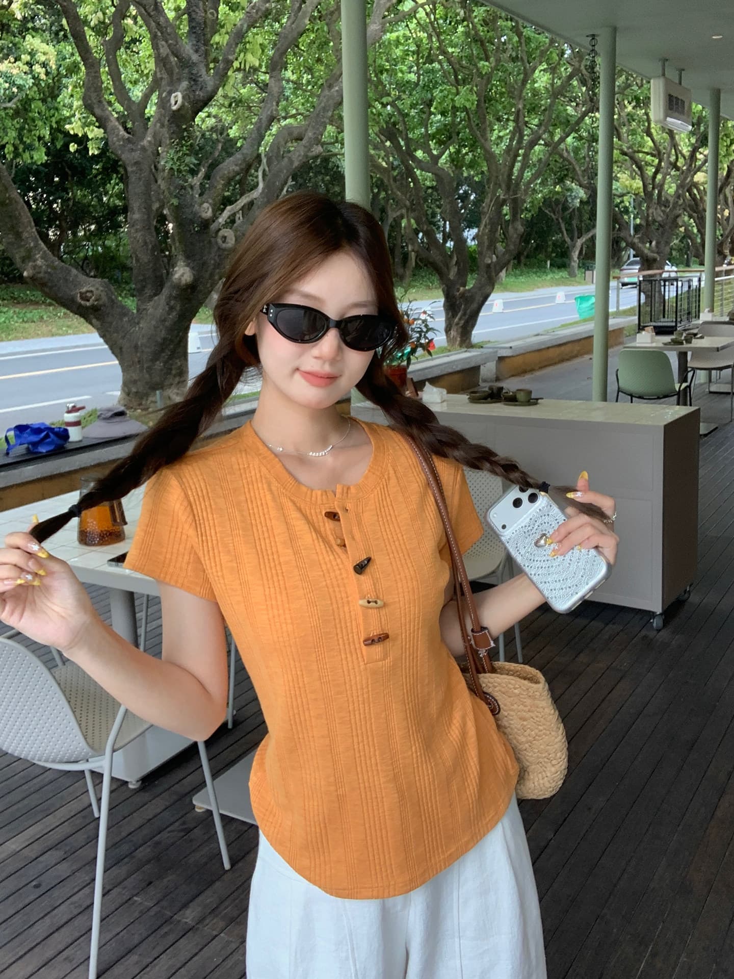 우 77 대나무 마디 면 질감 센스 소뿔 버클 반팔 티셔츠 여성 작은 키 몸매 가꾸기 슬림해 보이는 다용도 인사이드 잡아라. 의류 여름 상세 이미지 11