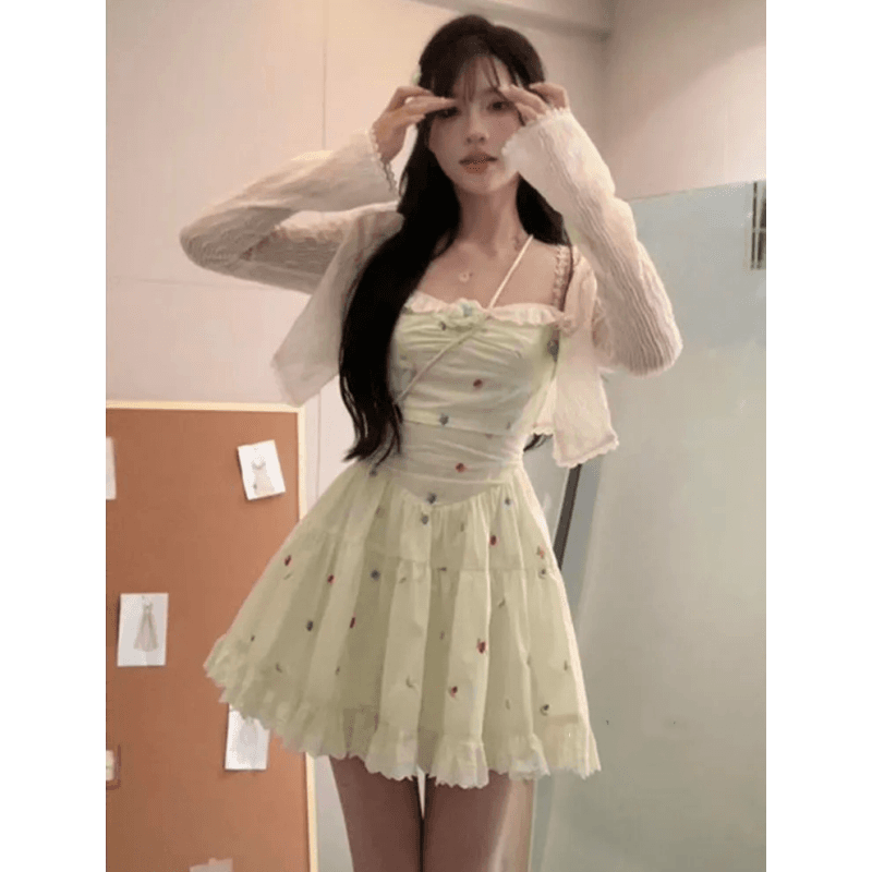 부드러운 바람 자수 슬립 점프 슈트 치마 세트 여성 여름 얇은 스타일 레이스 자외선 차단 오픈 가디건 프랑스식 허리 수축 짧은 치마 상세 이미지 8