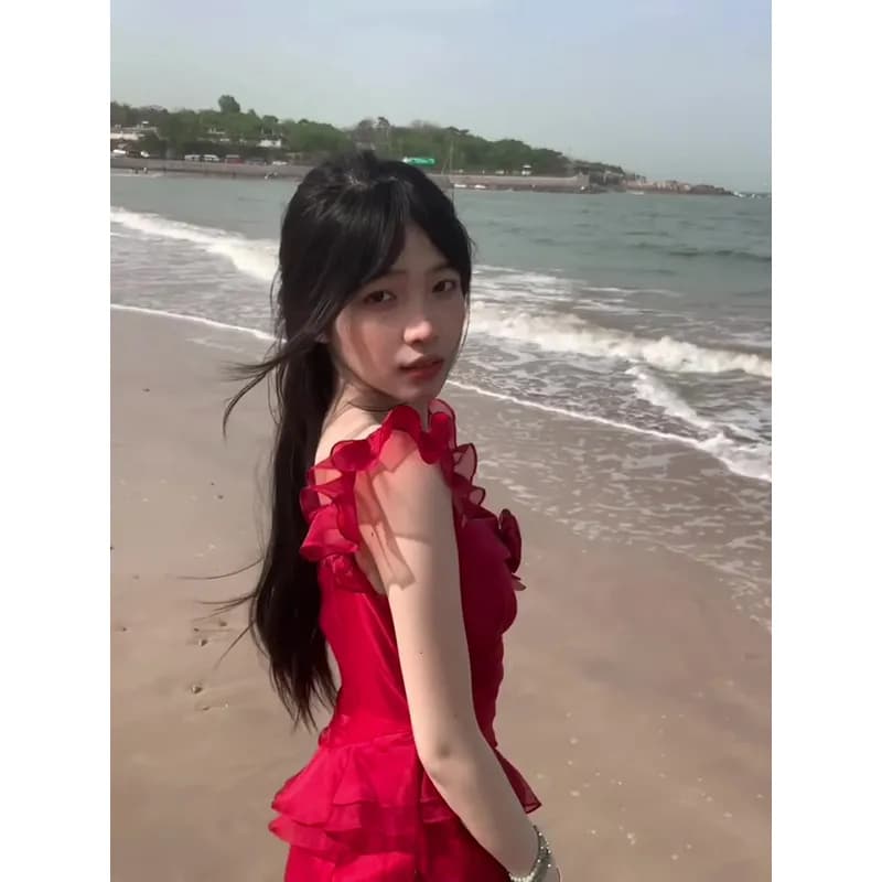 벨트 가슴 패드 지퍼 안감 프랑스식 휴가 장미 품격 길다 끌기 꼬리 민소매 분위기 슬립 드레스 상세 이미지 1